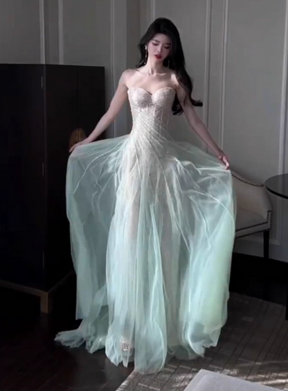 Gentle A-Line Sequined Tulle Strapless Long Prom Dress Adult Ceremony Prom Dress ED01716