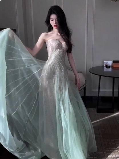 Gentle A-Line Sequined Tulle Strapless Long Prom Dress Adult Ceremony Prom Dress ED01716