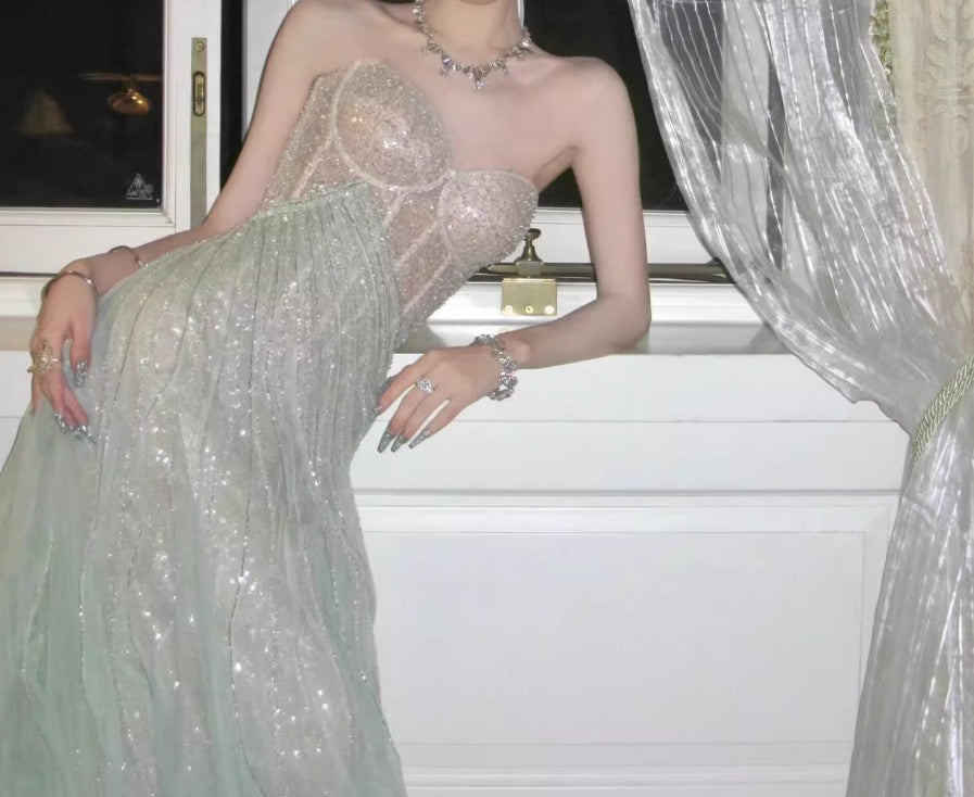 Robe de bal longue en tulle pailleté, coupe trapèze, sans bretelles, pour adulte, ED01716