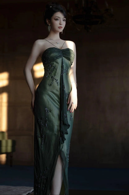 Vintage💚 Forest Green Spaghetti Straps Long Prom Dresses Glitter Chiffon Beaded Elegant Party Dresses ED01717