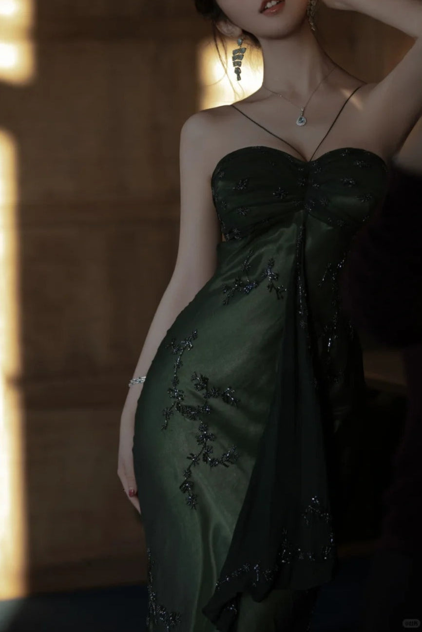 Vintage💚 Forest Green Spaghetti Straps Long Prom Dresses Glitter Chiffon Beaded Elegant Party Dresses ED01717