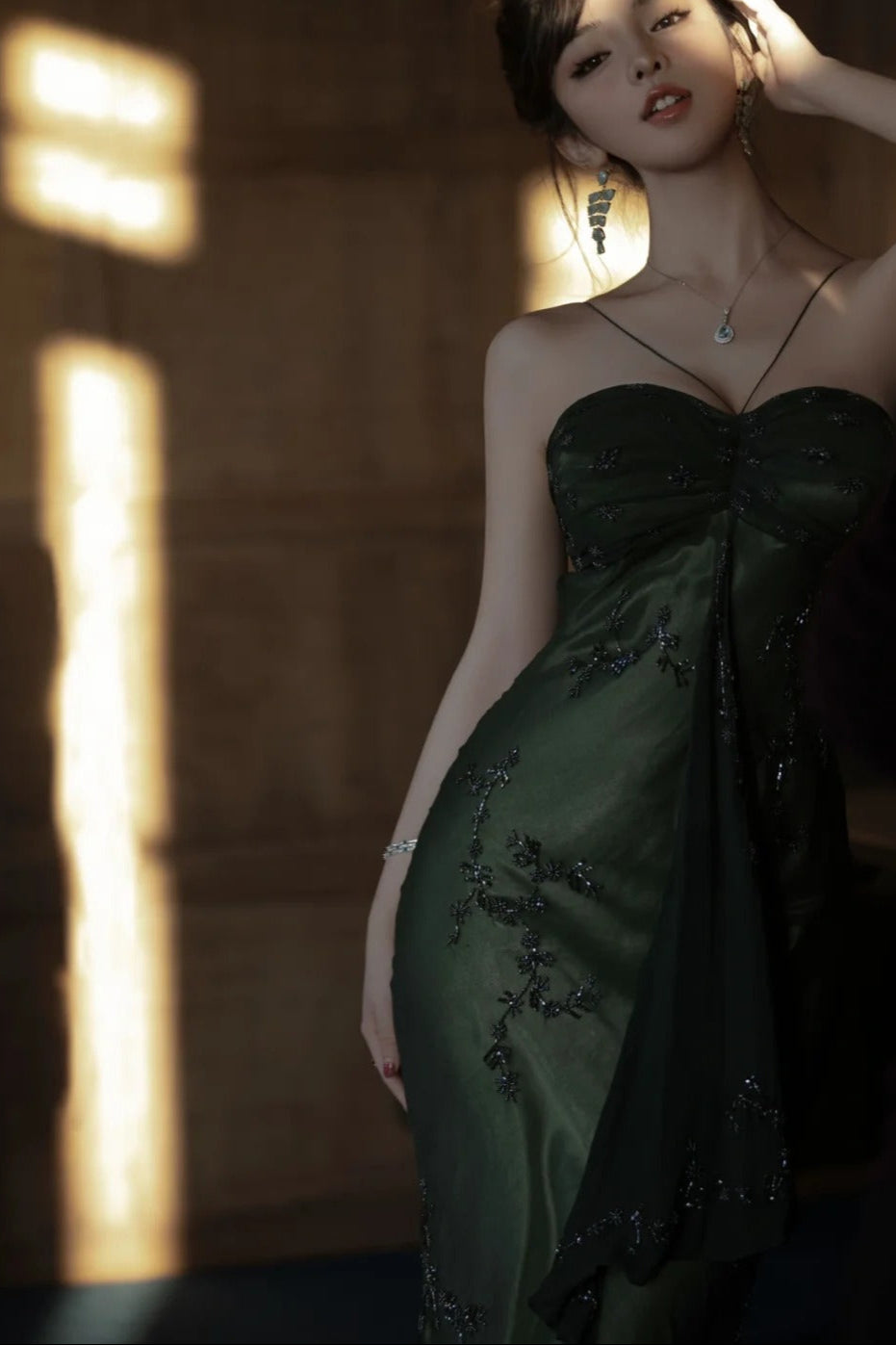 Vintage💚 Forest Green Spaghetti Straps Long Prom Dresses Glitter Chiffon Beaded Elegant Party Dresses ED01717