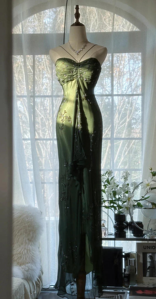 Vintage💚 Forest Green Spaghetti Straps Long Prom Dresses Glitter Chiffon Beaded Elegant Party Dresses ED01717
