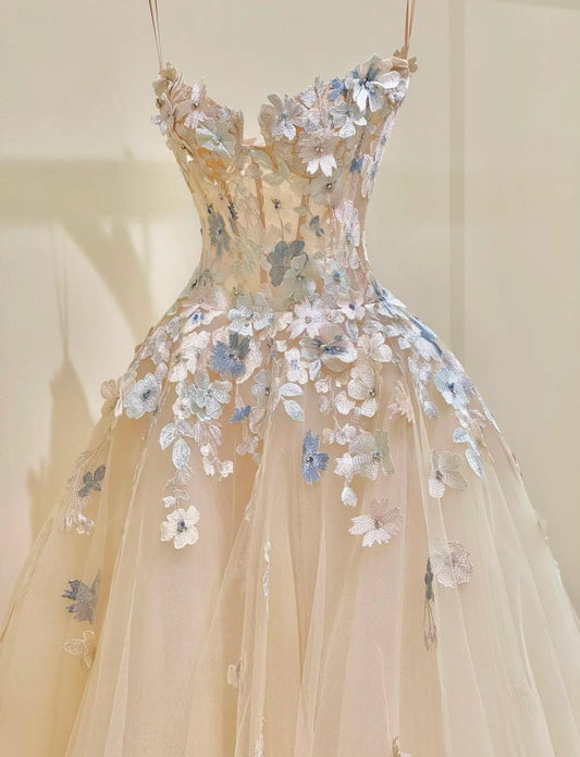 Schlichtes Champagner A-Linie Spaghettiträger Tüllapplikation Langes Ballkleid Süßes Brautkleid ED01718