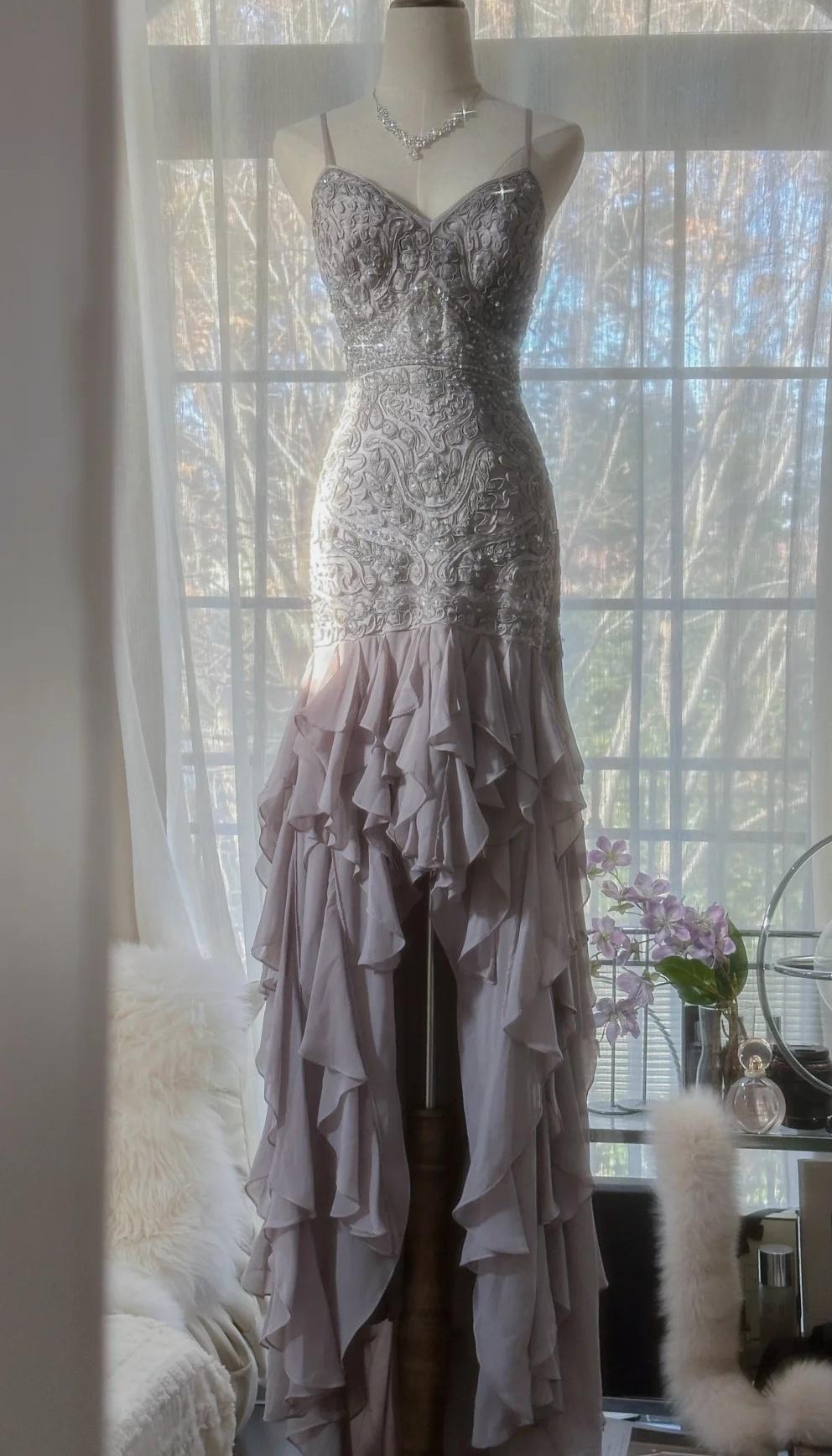 Elegant Purple Spaghetti Strap Appliques Bodycon Open Back Evening Dresses Chiffon Sequin Long Prom Dresses  ED01720