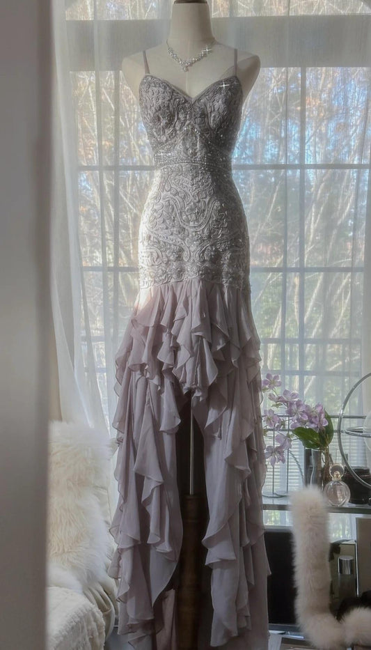 Elegant Purple Spaghetti Strap Appliques Bodycon Open Back Evening Dresses Chiffon Sequin Long Prom Dresses  ED01720