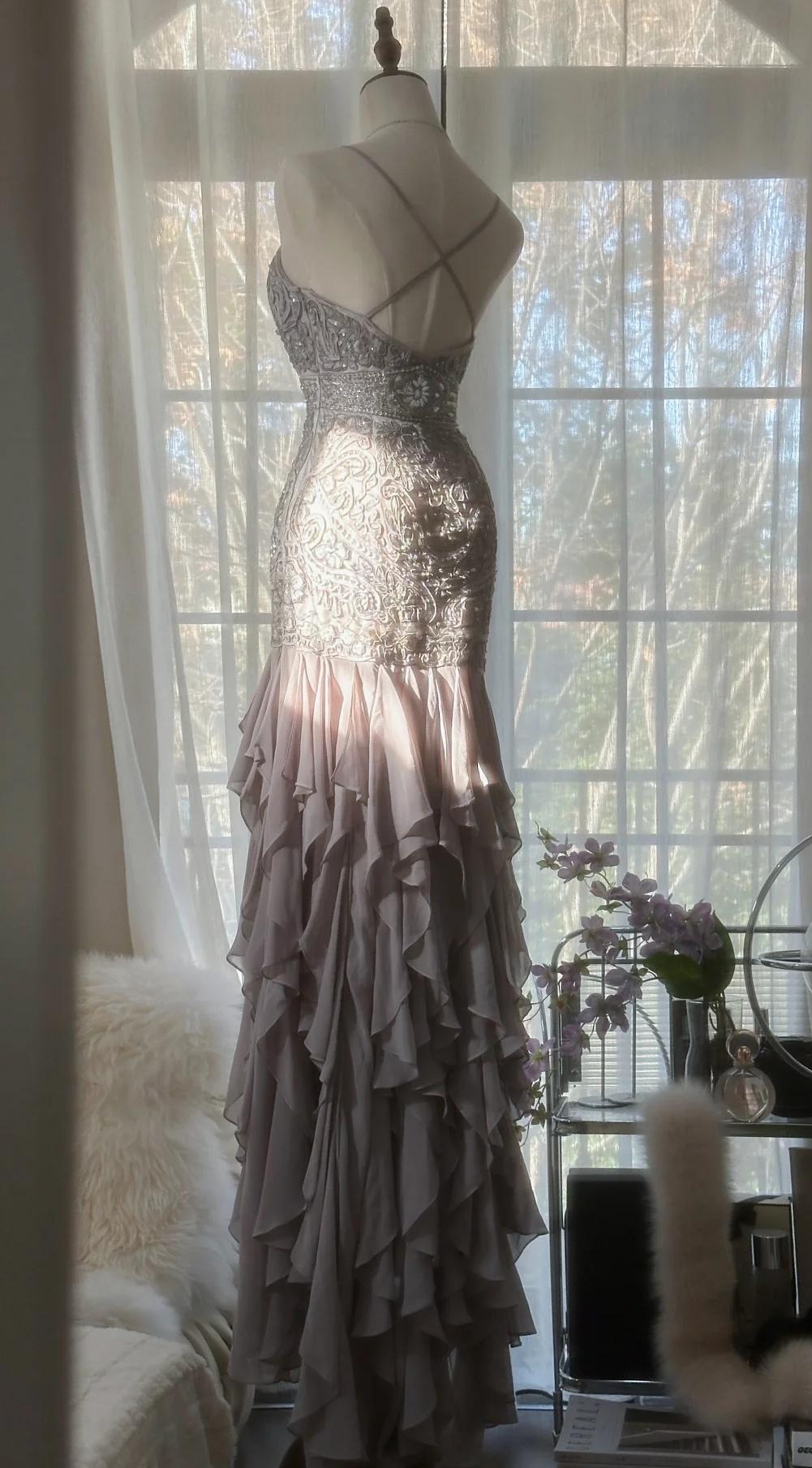 Elegant Purple Spaghetti Strap Appliques Bodycon Open Back Evening Dresses Chiffon Sequin Long Prom Dresses  ED01720