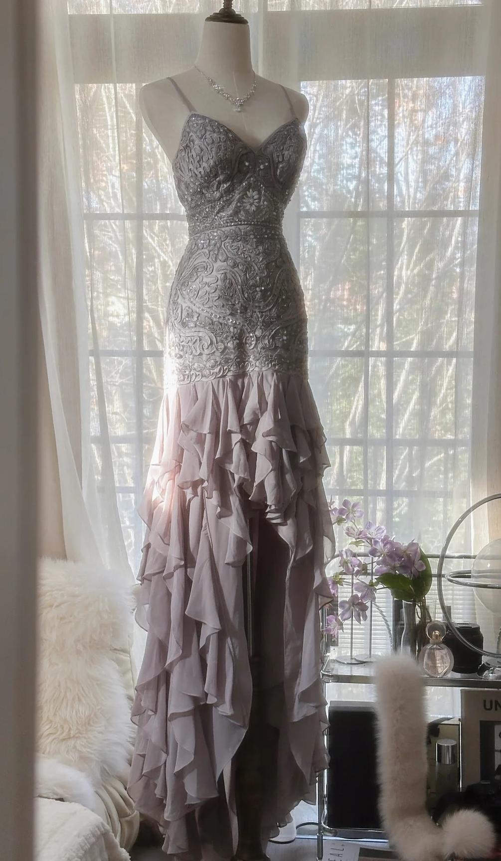 Elegant Purple Spaghetti Strap Appliques Bodycon Open Back Evening Dresses Chiffon Sequin Long Prom Dresses  ED01720
