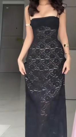 Robe de bal longue noire moulante à bretelles spaghetti en mousseline de soie, robe de soirée dos nu sexy ED01722