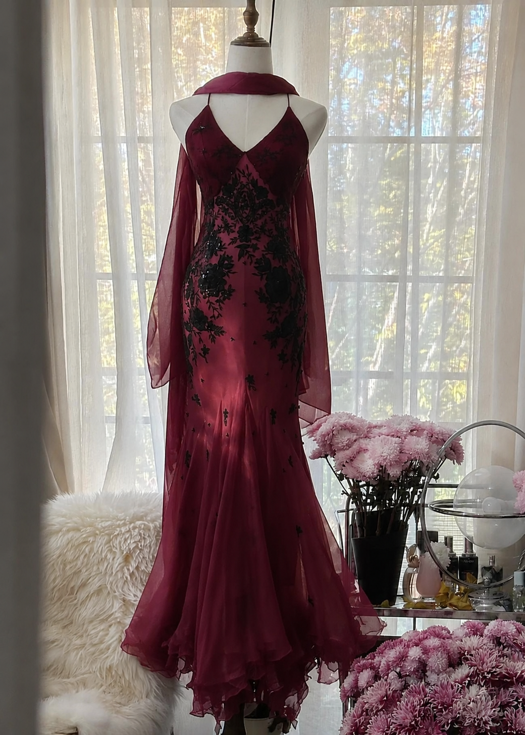 Mermaid Spaghetti Strap Chiffon Applique Long Prom Dresses Temperament Party Dresses ED01723
