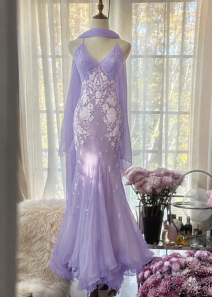 Mermaid Spaghetti Strap Chiffon Applique Long Prom Dresses Temperament Party Dresses ED01723
