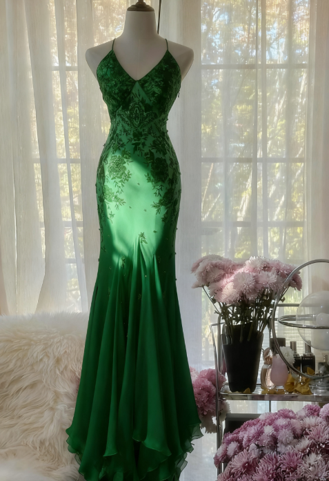Mermaid Spaghetti Strap Chiffon Applique Long Prom Dresses Temperament Party Dresses ED01723