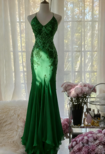 Mermaid Spaghetti Strap Chiffon Applique Long Prom Dresses Temperament Party Dresses ED01723