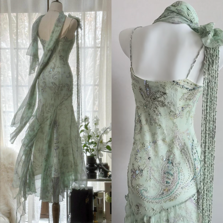 Fairytale Green  Beaded Silk Prom Dress Vintage Elegant Mermaid Evening Dress