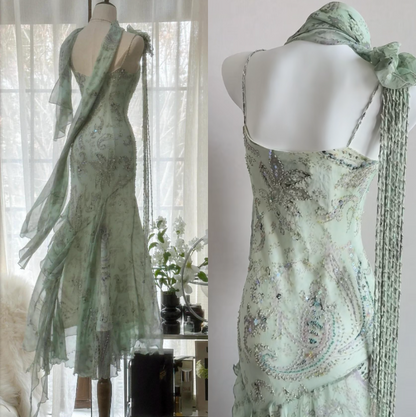 Fairytale Green  Beaded Silk Prom Dress Vintage Elegant Mermaid Evening Dress