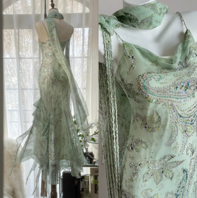 Fairytale Green  Beaded Silk Prom Dress Vintage Elegant Mermaid Evening Dress