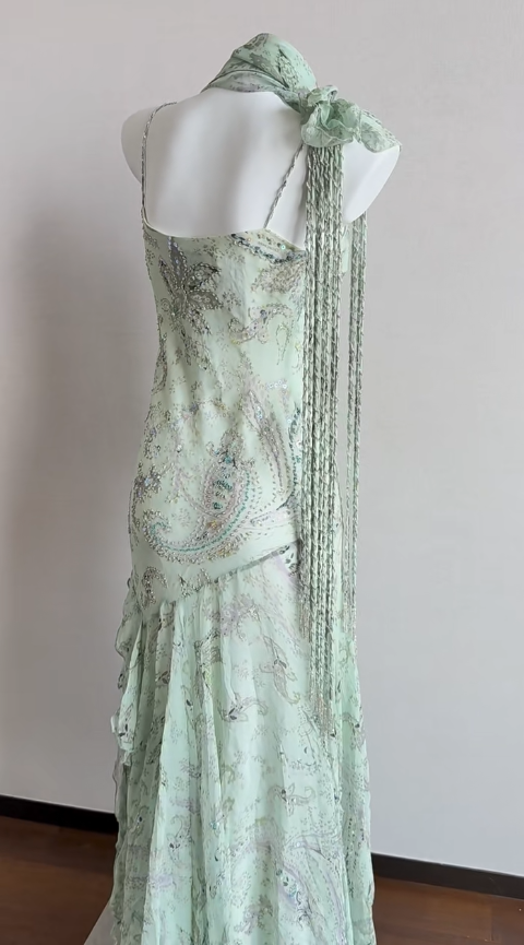 Green Mermaid Formal Dresses Beaded Chiffon Open Back Long Prom Dresses Spaghetti Straps Guest Dresses