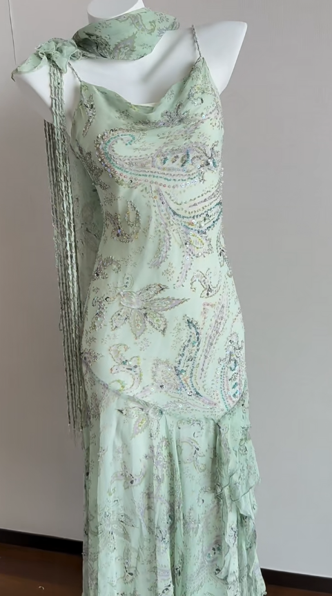 Green Mermaid Formal Dresses Beaded Chiffon Open Back Long Prom Dresses Spaghetti Straps Guest Dresses