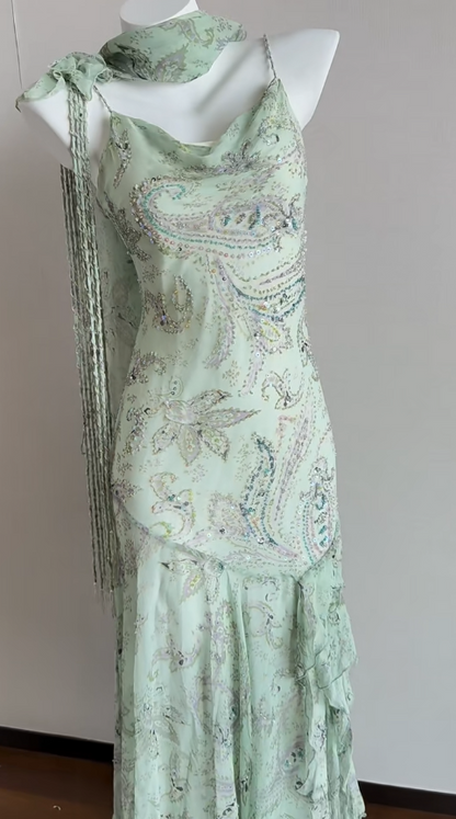 Green Mermaid Formal Dresses Beaded Chiffon Open Back Long Prom Dresses Spaghetti Straps Guest Dresses