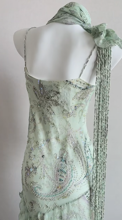 Green Mermaid Formal Dresses Beaded Chiffon Open Back Long Prom Dresses Spaghetti Straps Guest Dresses