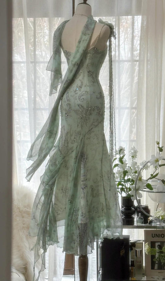 Green Mermaid Formal Dresses Beaded Chiffon Open Back Long Prom Dresses Spaghetti Straps Guest Dresses