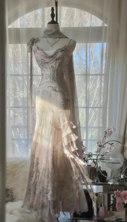 Gentle Pink Mermaid Spaghetti Strap Chiffon Beaded Applique Long Prom Dress 