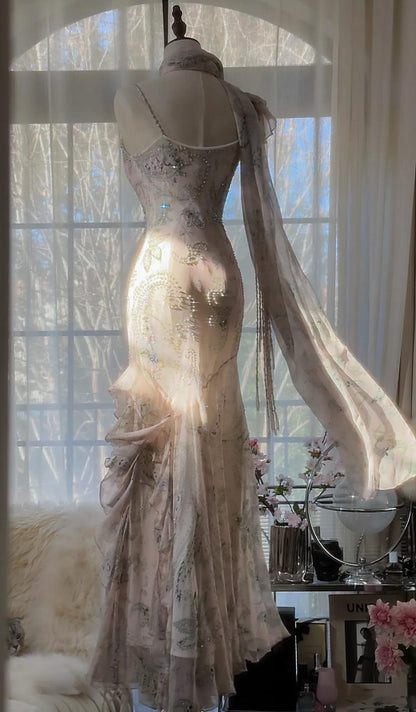 Gentle Pink Mermaid Spaghetti Strap Chiffon Beaded Applique Long Prom Dress 