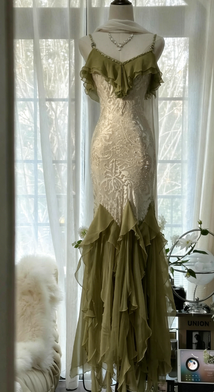 Romantic Vintage Mint Green Chiffon Mermaid Beaded Long Prom Dresses Ruffled Fairytale Birthday Dresses  ED01725