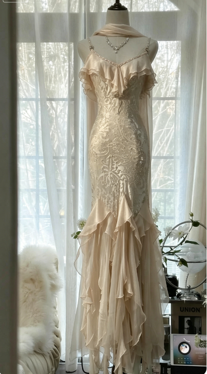 Romantic Vintage Mint Green Chiffon Mermaid Beaded Long Prom Dresses Ruffled Fairytale Birthday Dresses  ED01725