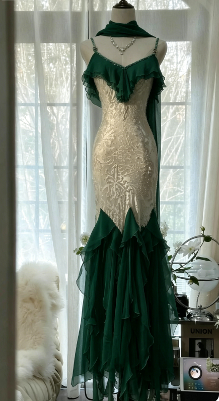 Romantic Vintage Mint Green Chiffon Mermaid Beaded Long Prom Dresses Ruffled Fairytale Birthday Dresses  ED01725