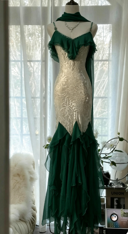 Romantic Vintage Mint Green Chiffon Mermaid Beaded Long Prom Dresses Ruffled Fairytale Birthday Dresses  ED01725
