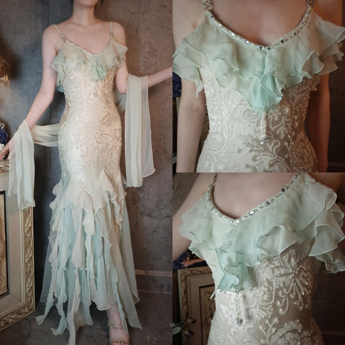 Retro Mermaid Print Ruffled Chiffon Long Prom Dress Evening Dress cc5367 main image 0