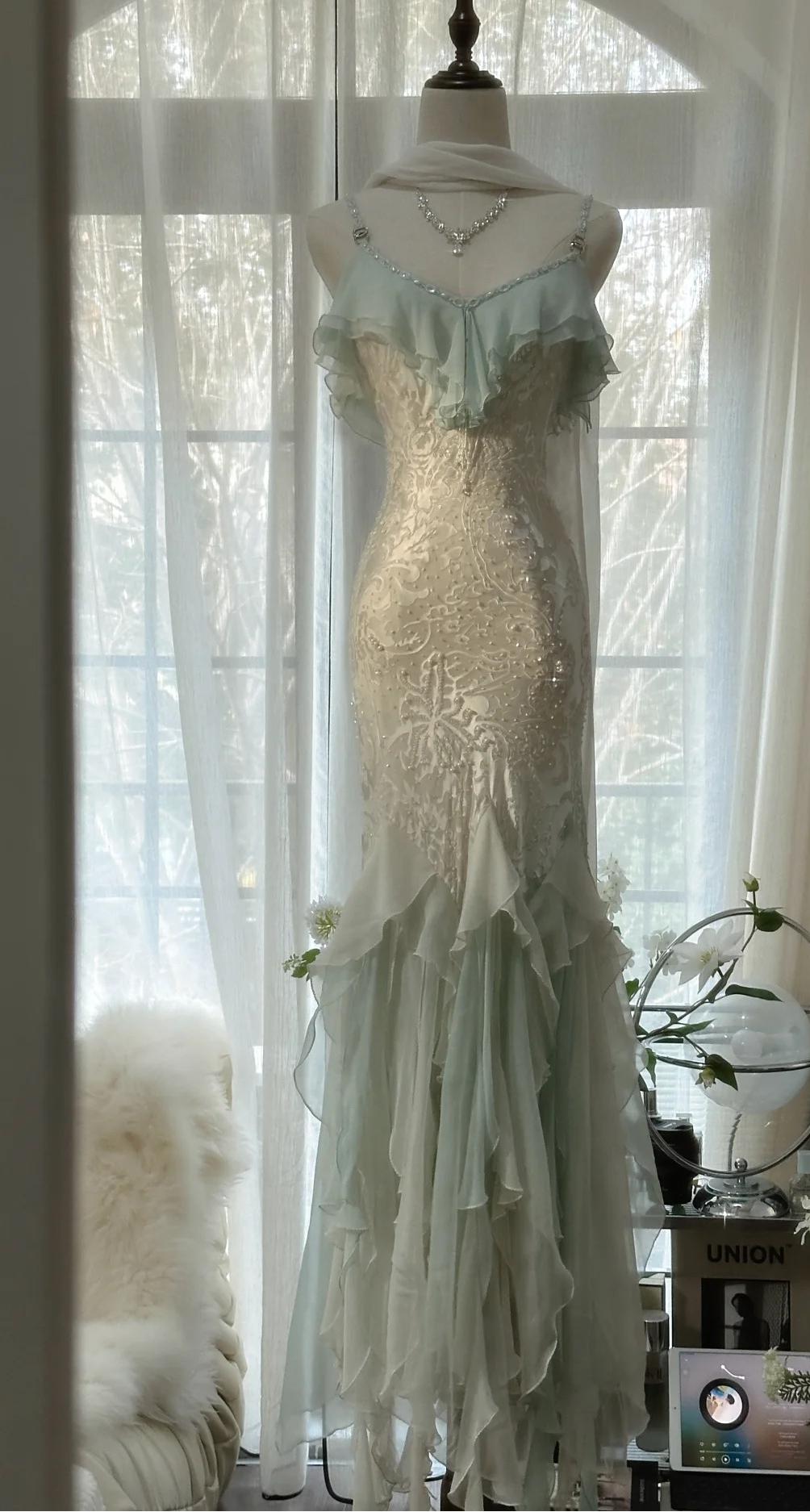 Mint green spaghetti strap chiffon beaded tulle backless long prom dress