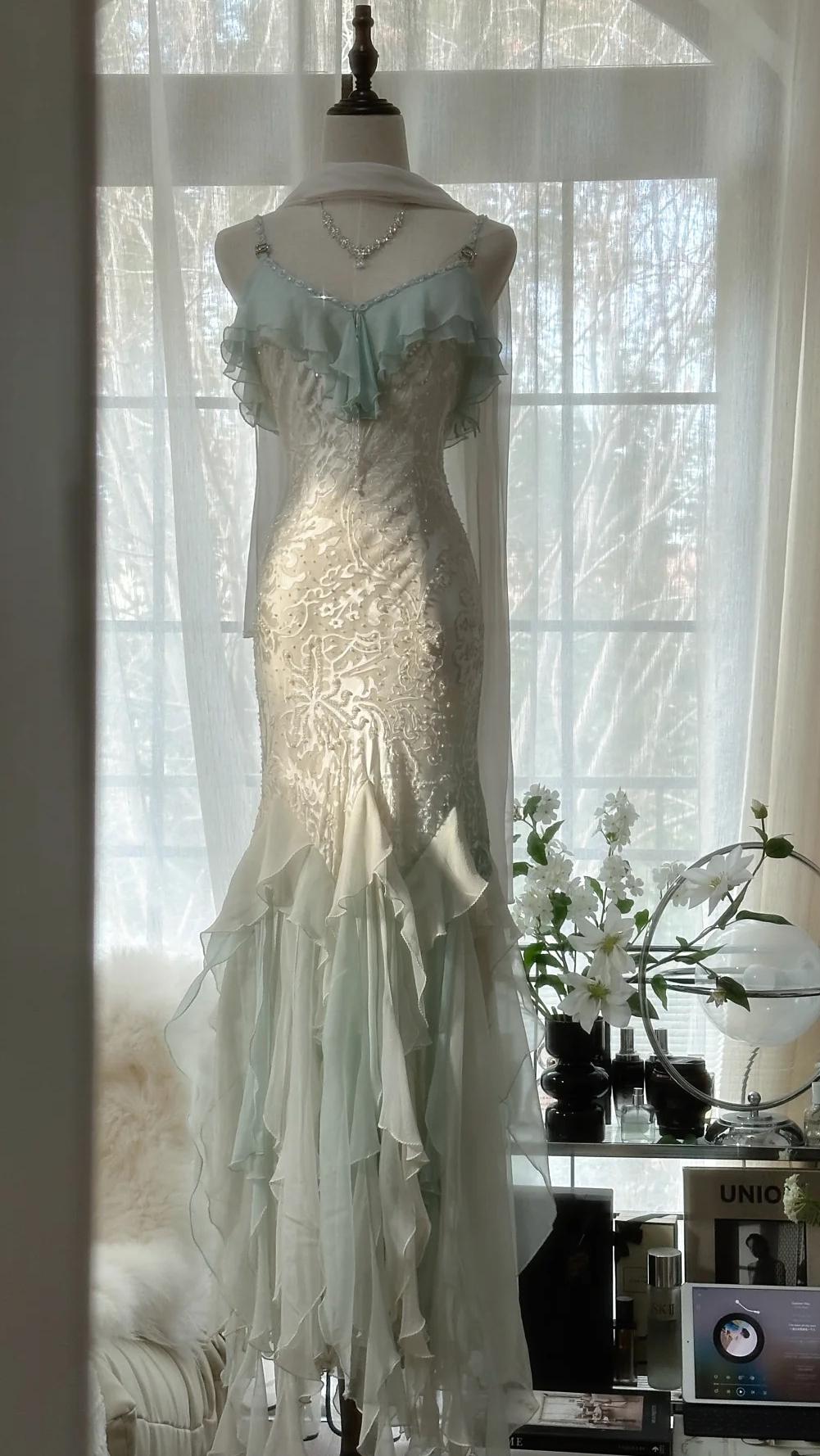Mint green spaghetti strap chiffon beaded tulle backless long prom dress