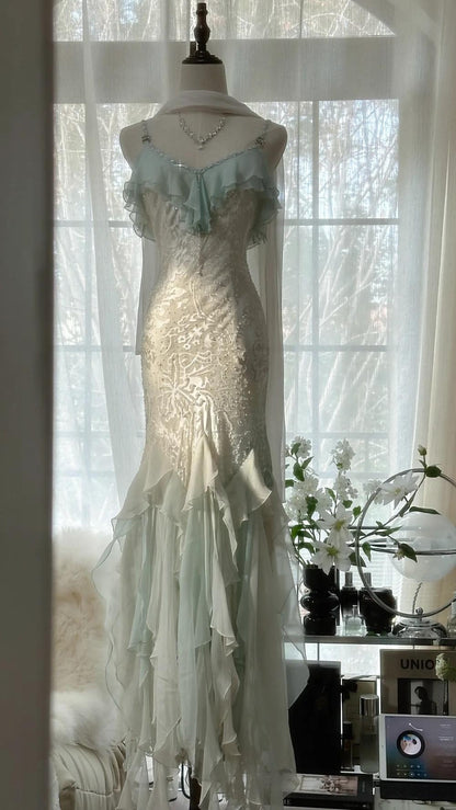 Mint green spaghetti strap chiffon beaded tulle backless long prom dress