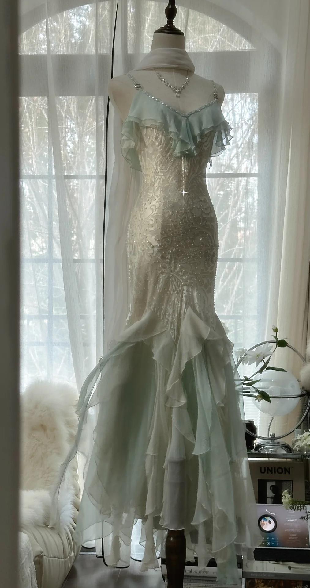 Mint green spaghetti strap chiffon beaded tulle backless long prom dress