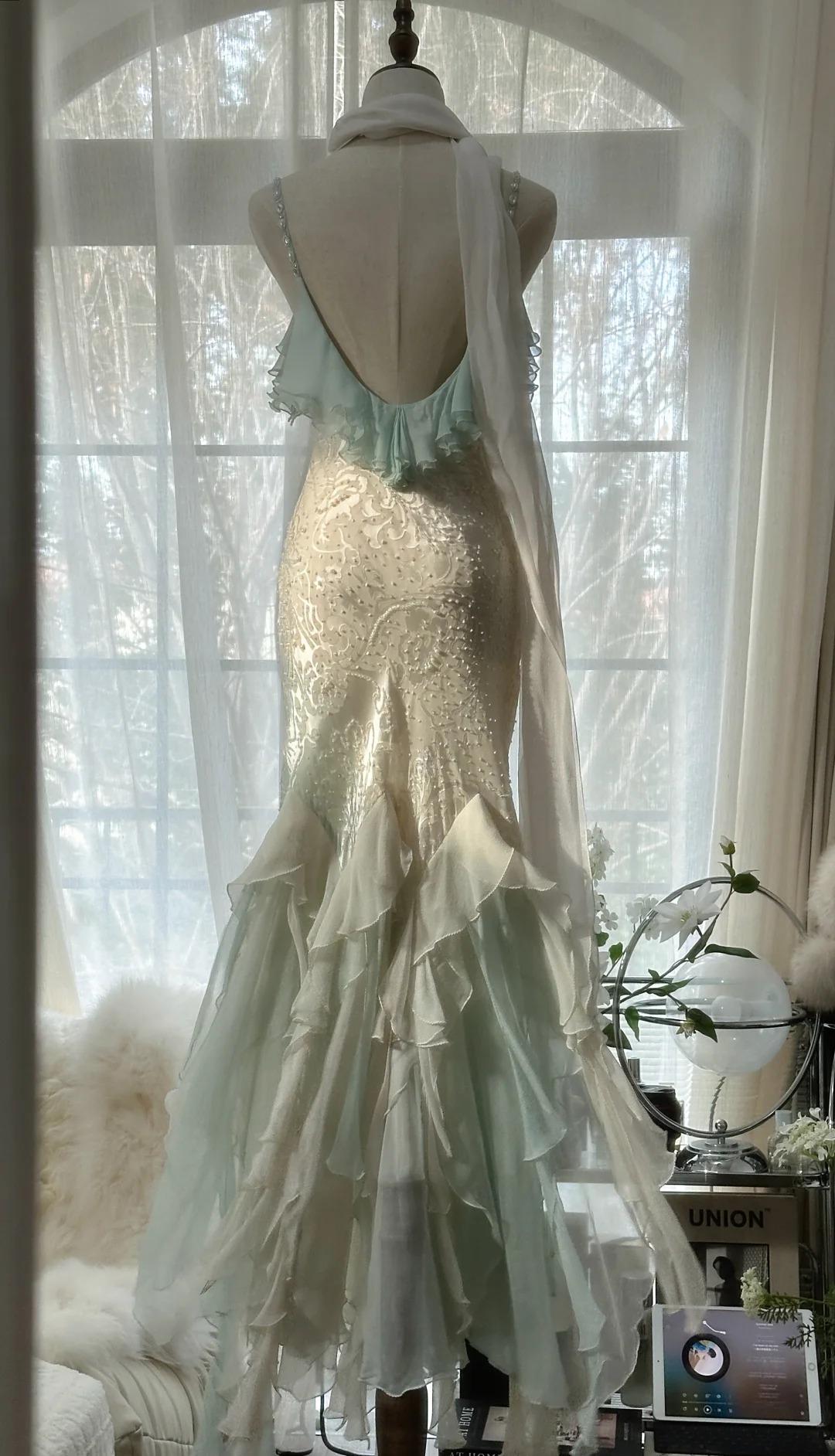 Mint green spaghetti strap chiffon beaded tulle backless long prom dress