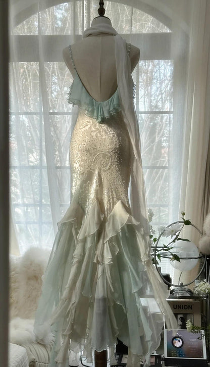Mint green spaghetti strap chiffon beaded tulle backless long prom dress