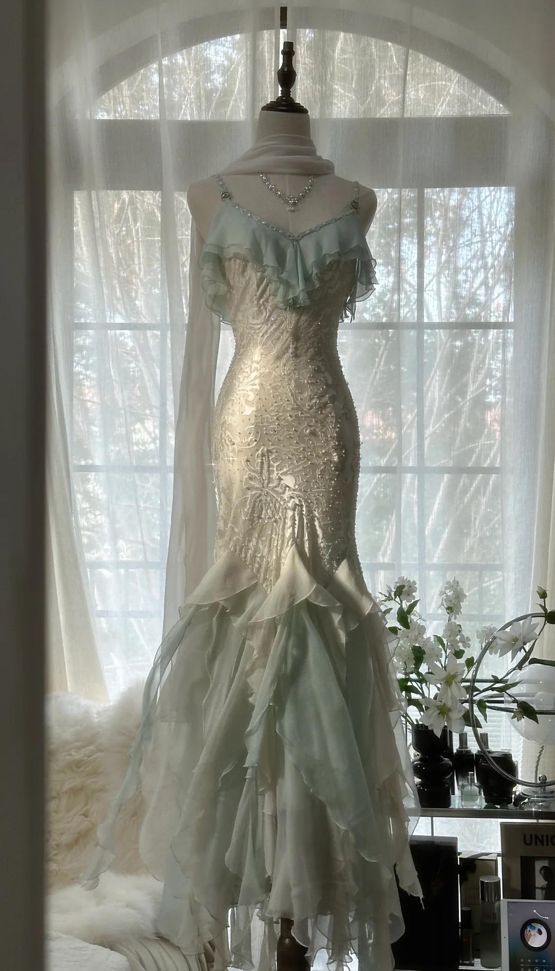 Mint green spaghetti strap chiffon beaded tulle backless long prom dress