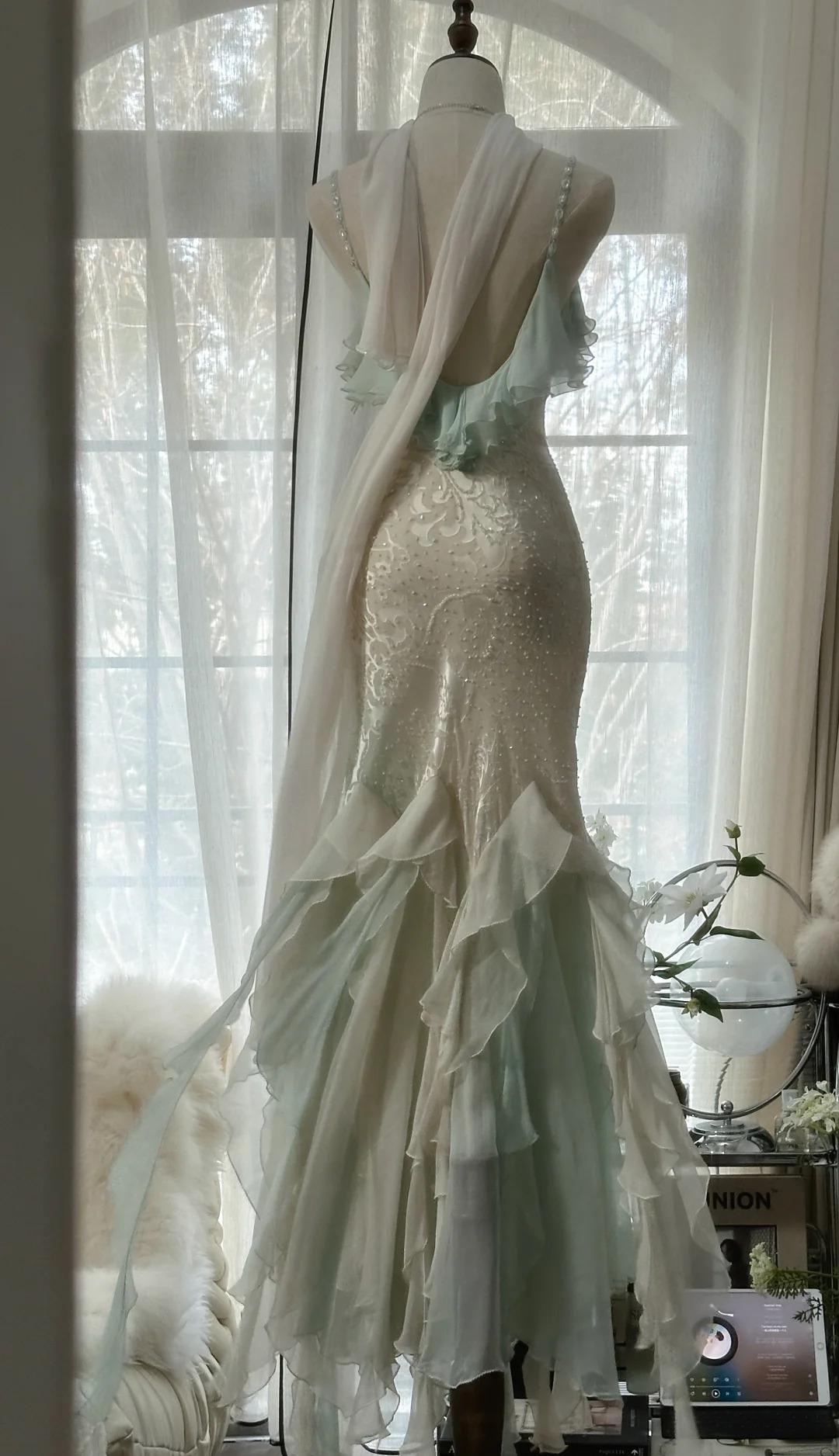 Mint green spaghetti strap chiffon beaded tulle backless long prom dress
