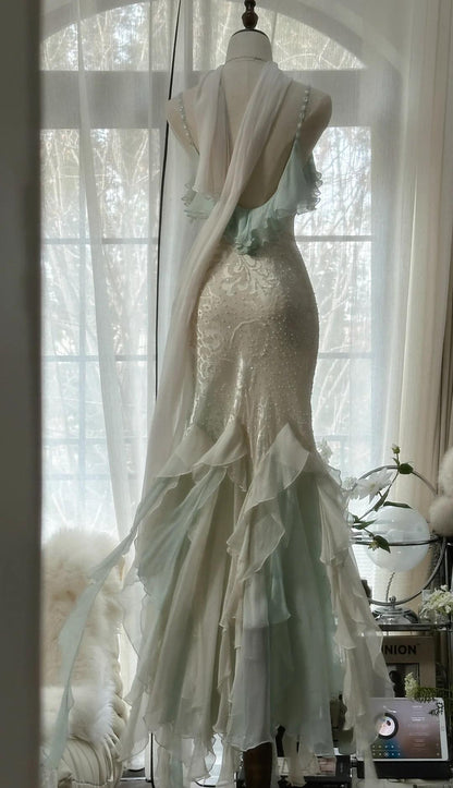 Mint green spaghetti strap chiffon beaded tulle backless long prom dress
