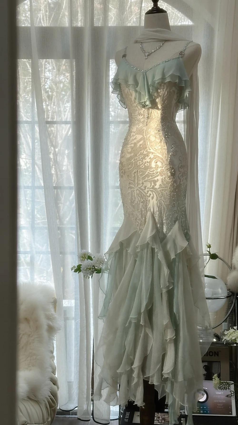 Mint green spaghetti strap chiffon beaded tulle backless long prom dress