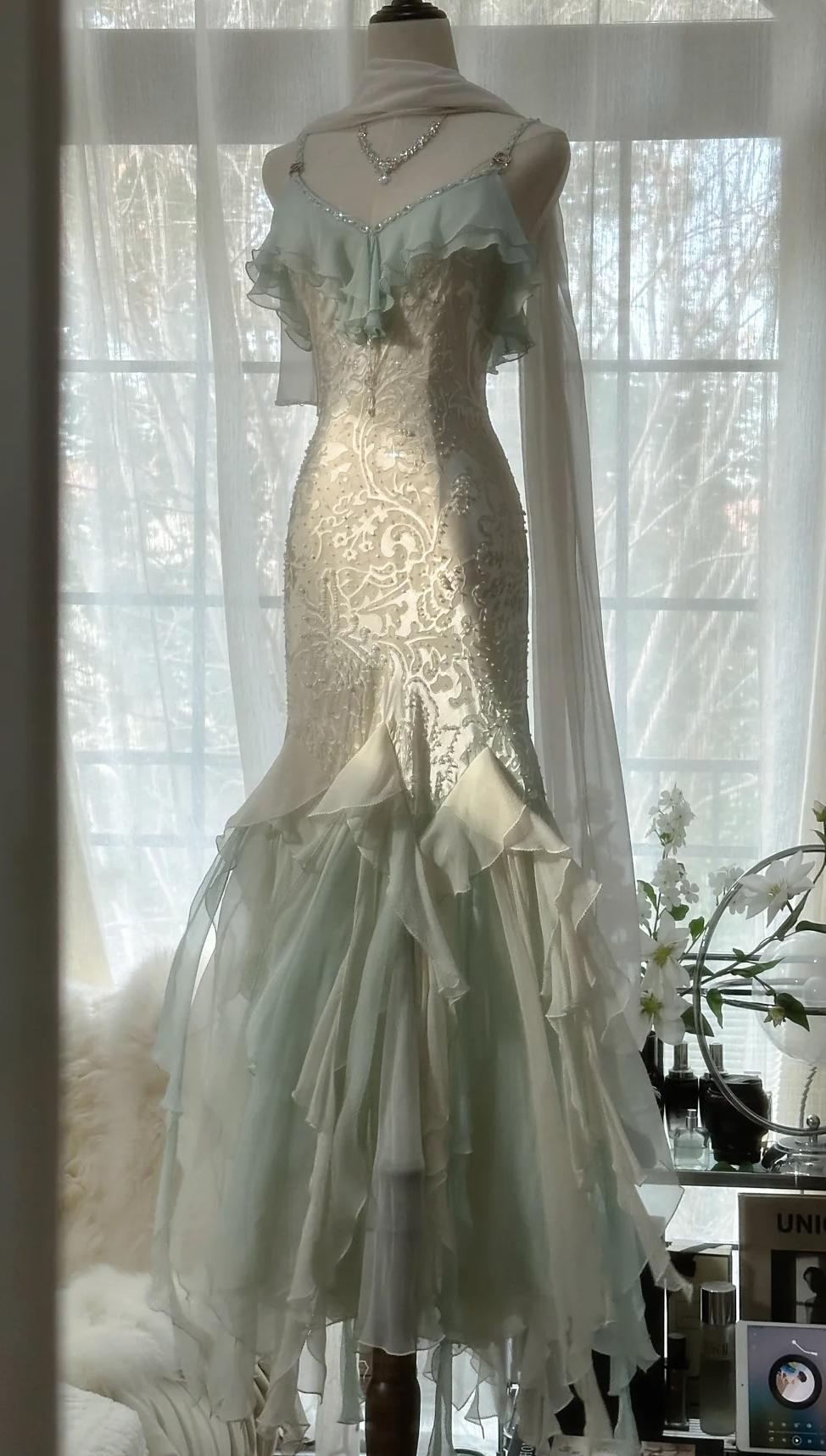 Mint green spaghetti strap chiffon beaded tulle backless long prom dress