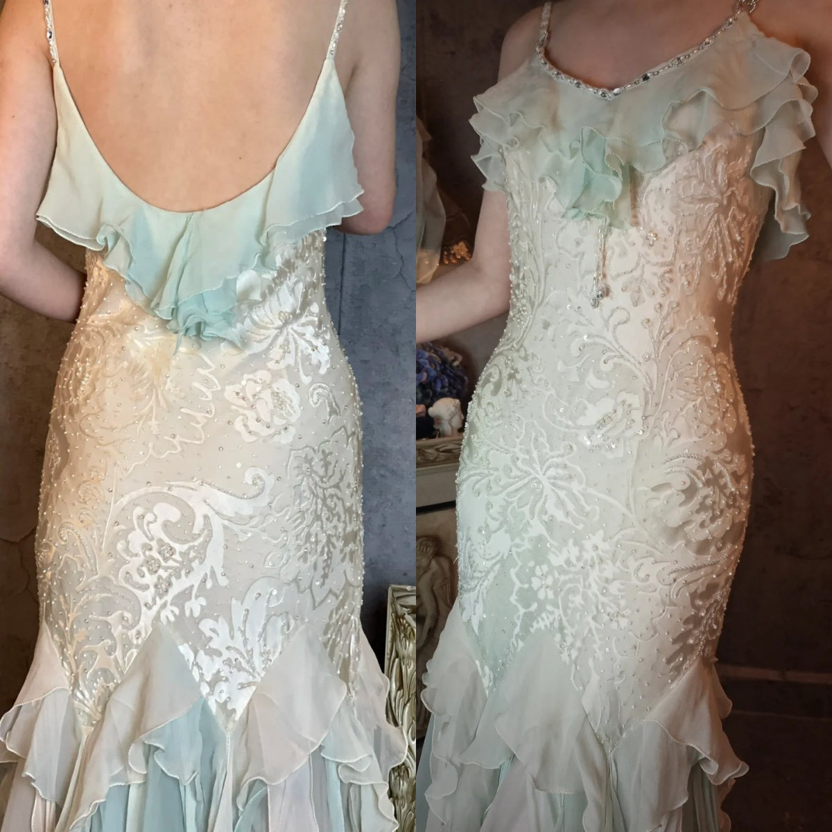 Elegant Green Mermaid Ribbon Chiffon Long Prom Dress Evening Dress Bridesmaid Dress cc5164