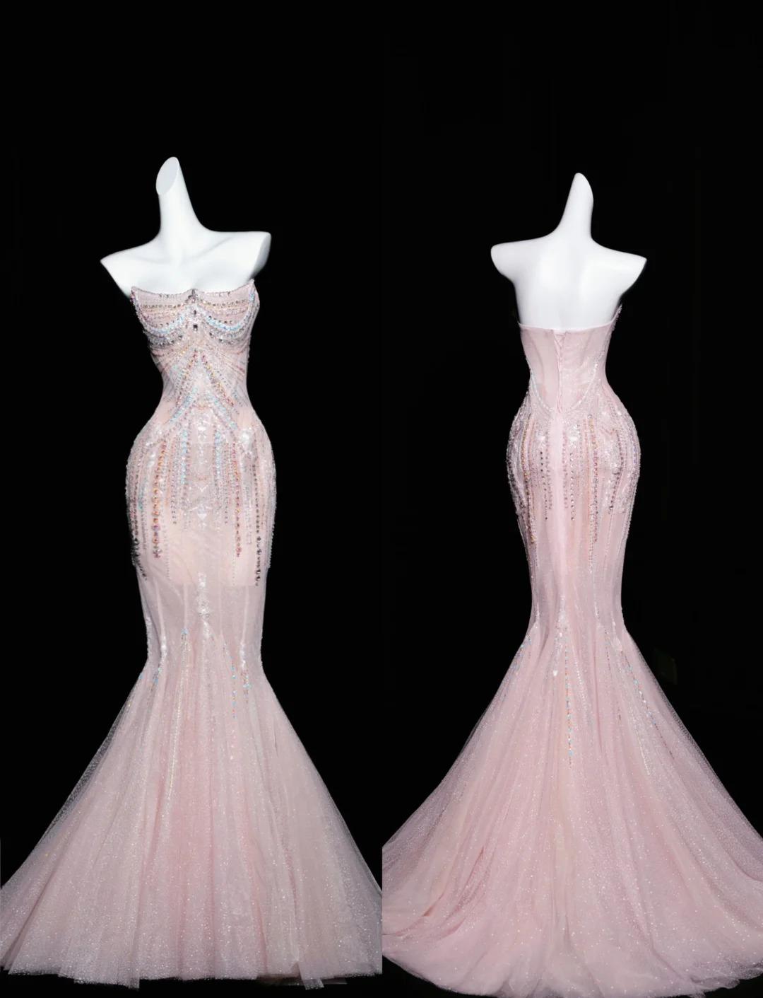 Rosa Meerjungfrau trägerloses Tüll Diamant langes Ballkleid süßes Hochzeitskleid Abendkleid ED01726