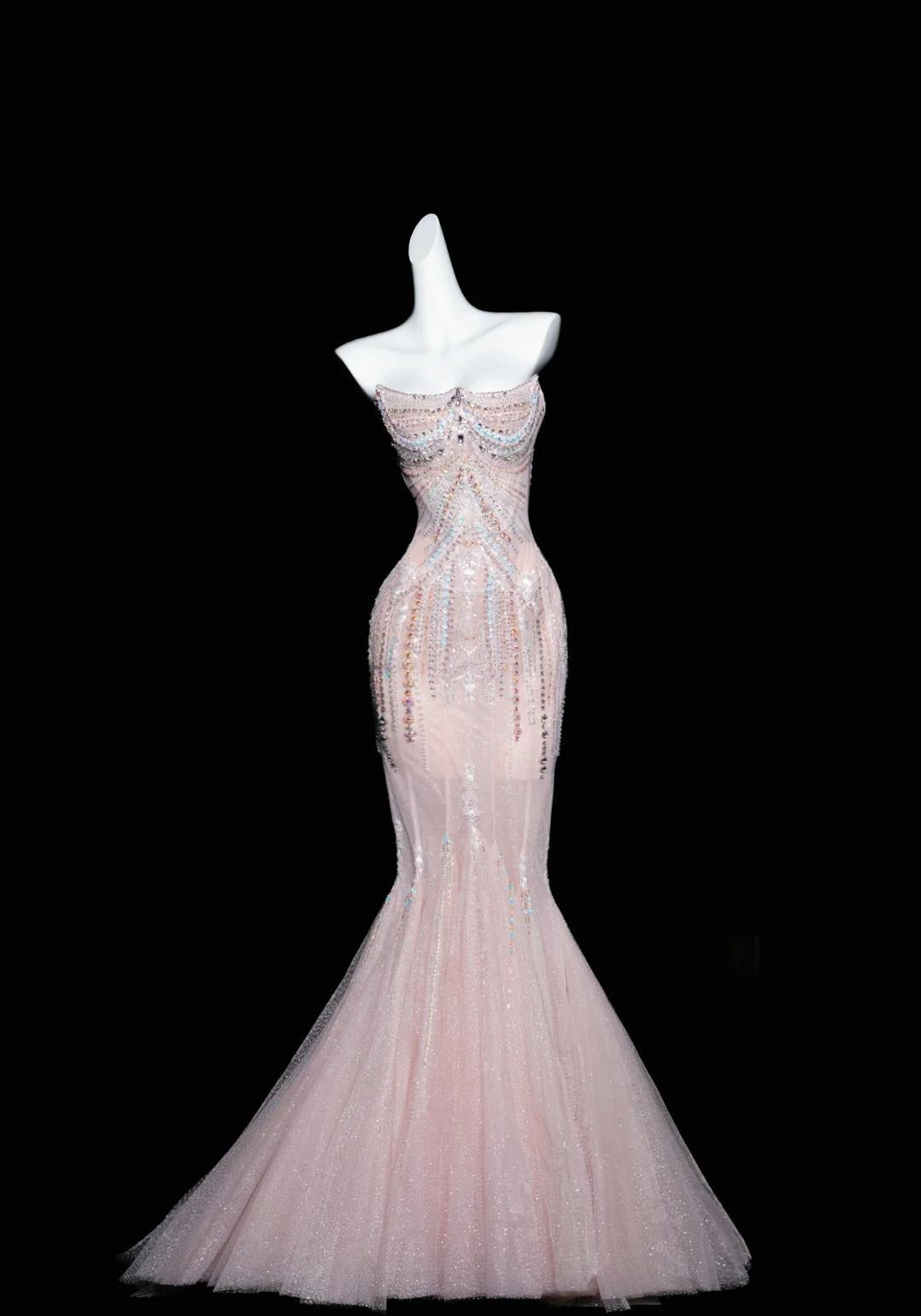 Rosa Meerjungfrau trägerloses Tüll Diamant langes Ballkleid süßes Hochzeitskleid Abendkleid ED01726