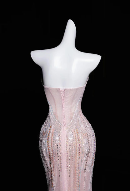 Rosa Meerjungfrau trägerloses Tüll Diamant langes Ballkleid süßes Hochzeitskleid Abendkleid ED01726