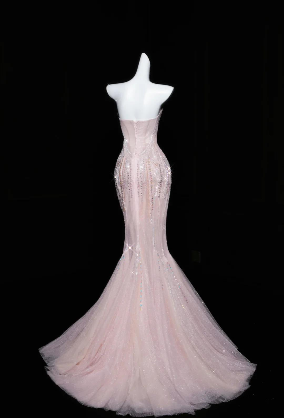 Rosa Meerjungfrau trägerloses Tüll Diamant langes Ballkleid süßes Hochzeitskleid Abendkleid ED01726