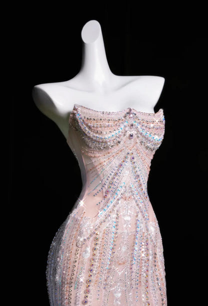 Rosa Meerjungfrau trägerloses Tüll Diamant langes Ballkleid süßes Hochzeitskleid Abendkleid ED01726