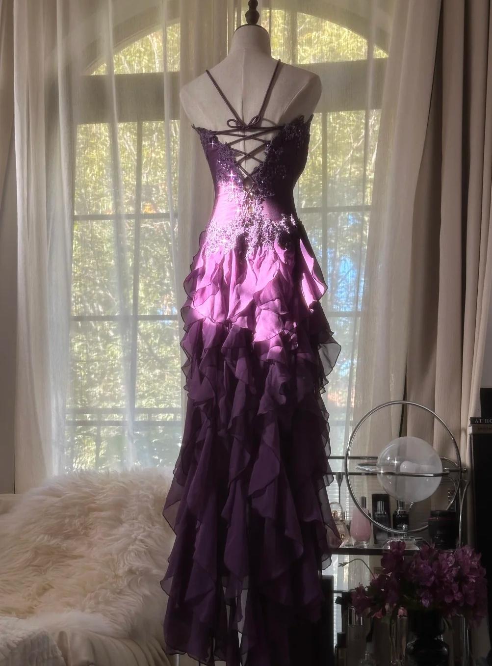 Vintage Deep Purple Gold Lace Thin Strap V-Neck Chiffon Long Prom Dress Evening Dress P4389
